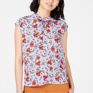 Bar III Floral Tie-Neck Blouse Size: L